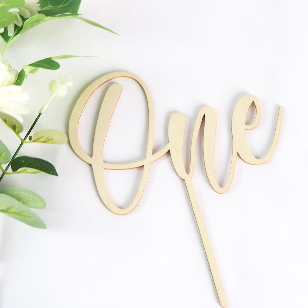 PALASASA First Birthday Wood Cake Topper - One Sign 1st birthday Cake Decorating Supplies, Suitable for Baby Shower Favors, Baby Gender Reveal, One Year Old One Baby Birthday Party Supplies (1)