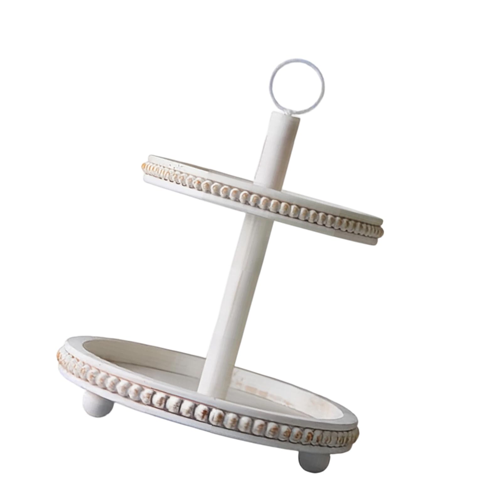 Tabletop Display Stand with Two Round Trays and Wooden Bead Trim, Farmhouse Organizer for Jewelry and Decor Accents Stacked Tray Stand Round Display Tray Tabletop Organizer Vanity Entryway Dresser Top
