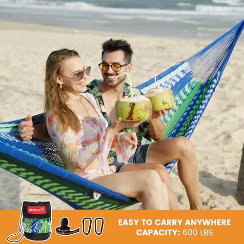 Image of Lazy Daze Hammocks Handwoven XL Mayan Hammock, 10.5 FT Soft Rope Double Hammocks, Portable Outdoor Hammock with Carry Bag, 2 Straps & Carabiners for Patio Outside, 550 lbs Weight Capacity, Blue /Green