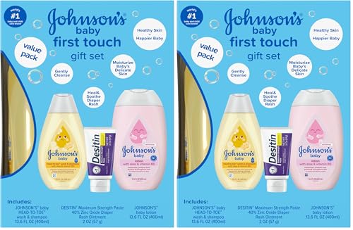 Image of Johnson's First Touch Baby Gift Set, Baby Bath, Skin & Hair Essential Products, Kit for New Parents with Wash & Shampoo, Lotion, & Diaper Rash Cream, Hypoallergenic & Paraben-Free, 4 items (Pack of 2)