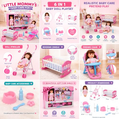 Image of Baby Doll Care Set for Girls with Doll Stroller, Rocking Cradle, Feeding Chair, Baby Bottle, Potty & Accessories | Pretend Play Toy Set for Kids Age 3+