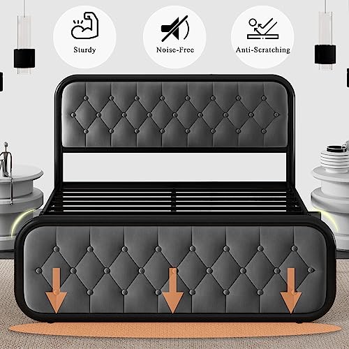 Feonase Full Size Bed Frame With Rhombus Button Tufted, Oval-Shaped Metal Platform Bed With Velvet Headboard, Strong Slats Support, 12" Under-Bed Storage, Noise-Free, Easy Assembly, Grey #TOP4