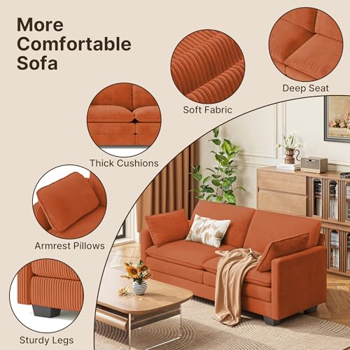 Image of Gizoon 75 inch Small Cloud Loveseat Couches for Living Room, 2 Seater Love Seat Sofa with Comfy Deep Seat, Small Washable Couches with Removable Corduroy Cover for Apartment, Orange
