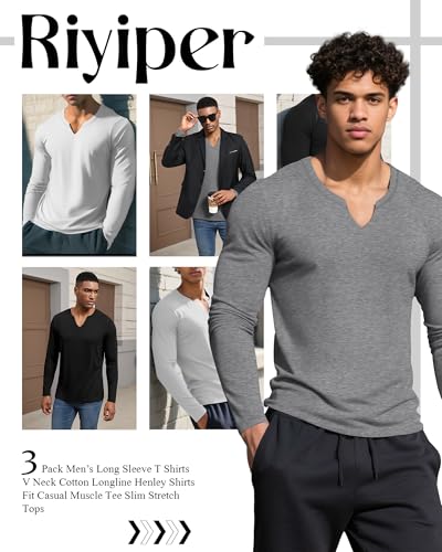 Riyiper 3 Pack Men's Long Sleeve T Shirts, V Neck Longline Henley Cotton Shirts Casual Muscle Tee Stretch Athletic Tops2