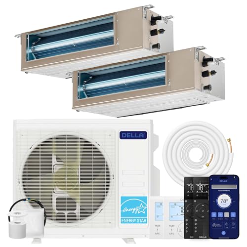 DELLA 27K BTU 2 Zone (11,000+11,000 BTU) Concealed Ducted Mini Split AC, 22 SEER2, Energy Star, 230V Inverter Heat Pump System, Pre-Charged, Work with Alexa and Wifi, 25ft Kit & Thermostat 2
