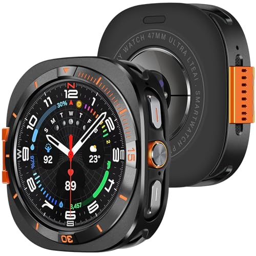 Amizee 2 in 1 Metall Hülle Kompatibel für Samsung Galaxy Watch Ultra Hülle (2025/2024) 47mm mit Rückseite Robuste Schutzhülle der Stoßstange Rückrahmen für Galaxy Watch 7/8 Ultra Schwarz/Orange