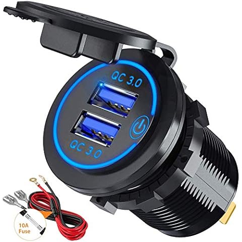 Quick Charge 3.0 USB Car Charger Socket 12V/24V 36W Dual QC3.0 USB Fast Charger Socket Power Outlet with Touch Switch for Marine, Boat, Motorcycle, Truck, Golf Cart (Blue) Cover