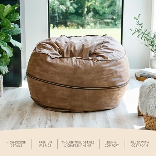 Image of Big Joe Fuf 5Ft Oversized Foam Bean Bag Chair with Removable Cover for Kids, Teens, Adults, Coffee Soft Vegan Leather, 5 Foot Large Reading and Gaming Seat