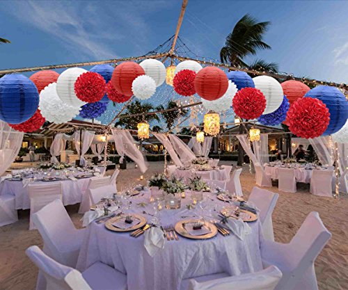 Image of KAXIXI 15-Piece 4th of July Decorations, Pom Poms & Paper Lanterns