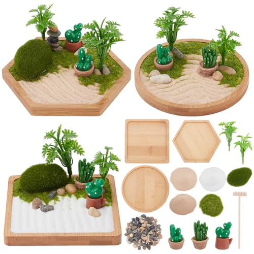 WEBEEDY 3 Sets Desert Zen Garden Kit Japanese Mini Zen Garden Sand Tray Kit for Desktop with Bamboo Tray Stones Rakes Accessories Cactus Desert Decor for Home Office Desktop Unique Gift