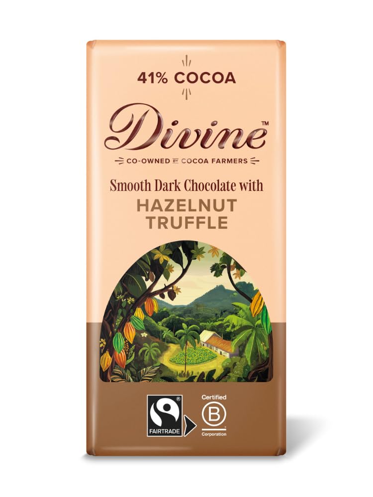 Dark Chocolate with Hazelnut Truffle 90g Bar – Fairtrade Dark Chocolate – Smooth Hazelnut Truffle Filling – Ethical Premium Chocolate