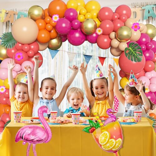 Image of Ouddy Life 178Pcs Tropical Balloons Arch Garland Kit Luau Party Decorations | Aloha Pineapple Coconut Hot Pink Aqua Blue Balloons with Palm Leaves for Hawaiian Summer Tropical Birthday Party Supplies