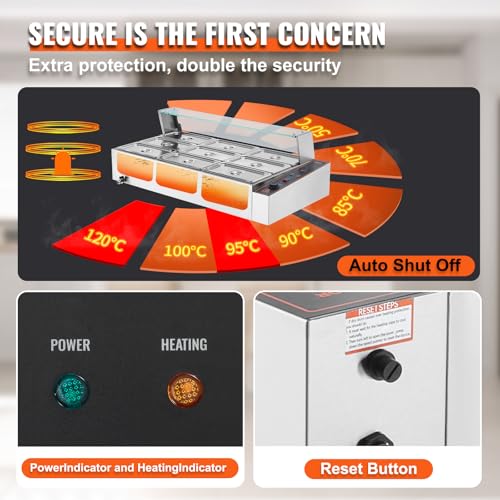 VEVOR kommerzieller Speisenwärmer mit 9 Behältern (je 5 Qt / 1/3 Größe), elektrischer Dampftisch mit Glasabdeckung, 1500 W Arbeitsplatte aus Edelstahl, Buffet-Bain-Marie, 30–85 °C Temperaturregelung – Bild 5