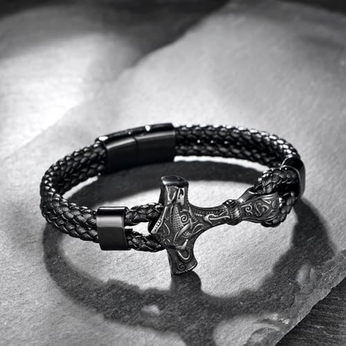 Men Leather Braided Viking Bracelet,Thor's Braided Wristband Gothic Punk Cuff Stainless Steel Buckle Bracelet for Men,21CM/8.2"3