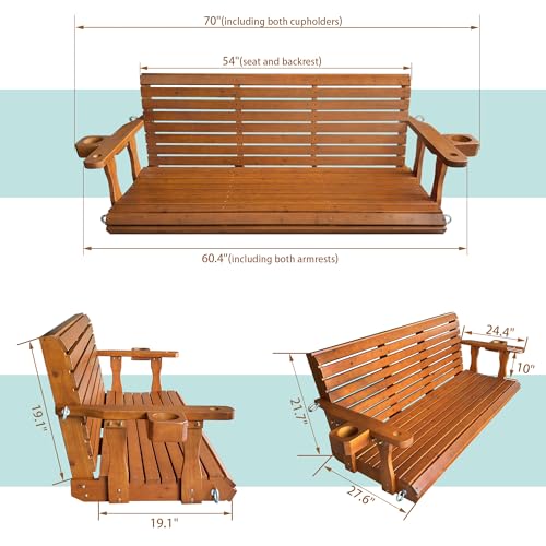 Image of Fortune Candy Wooden Porch Swing, Warm Teak Color, 5 FT Extra Large