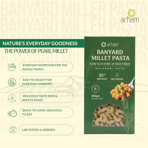 Image of Arham Organic Banyard Millet Pasta 180g | Healthy No Maida Pasta | Non-GMO, No Preservatives, Chemical-Free | High Fiber & Protein | Easy & Quick to Cook