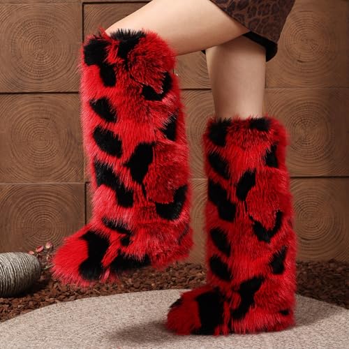 Women Faux Fur Furry Boot Fluffy Knee High Snow Boots Round Toe Suede Comfy Warm Fuzzy Flat Long Shoes Winter For Girl3