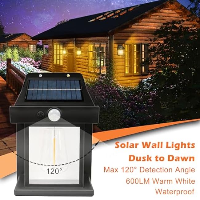 Solar Wall Lights Outdoor, Wireless Dusk to Dawn Porch Lights Fixture, Solar Wall Lantern with 3 Modes & Motion Sensor, Waterproof Exterior Lighting with Clear Panel for Entryway Front Door