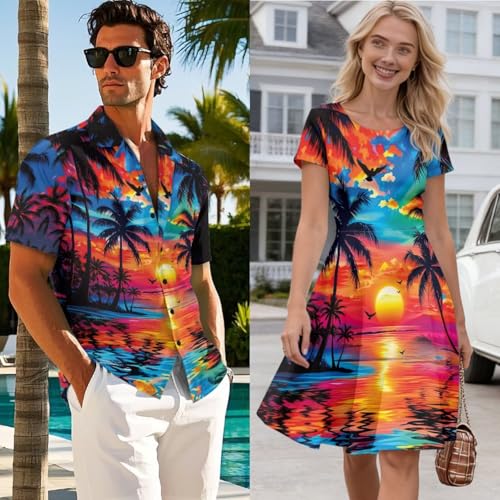 Image of AFPANQZ Couple Matching Outfit Casual Men's Button Down Shirt or Short Sleeve Summer Sundresses Dresses for Women 2026