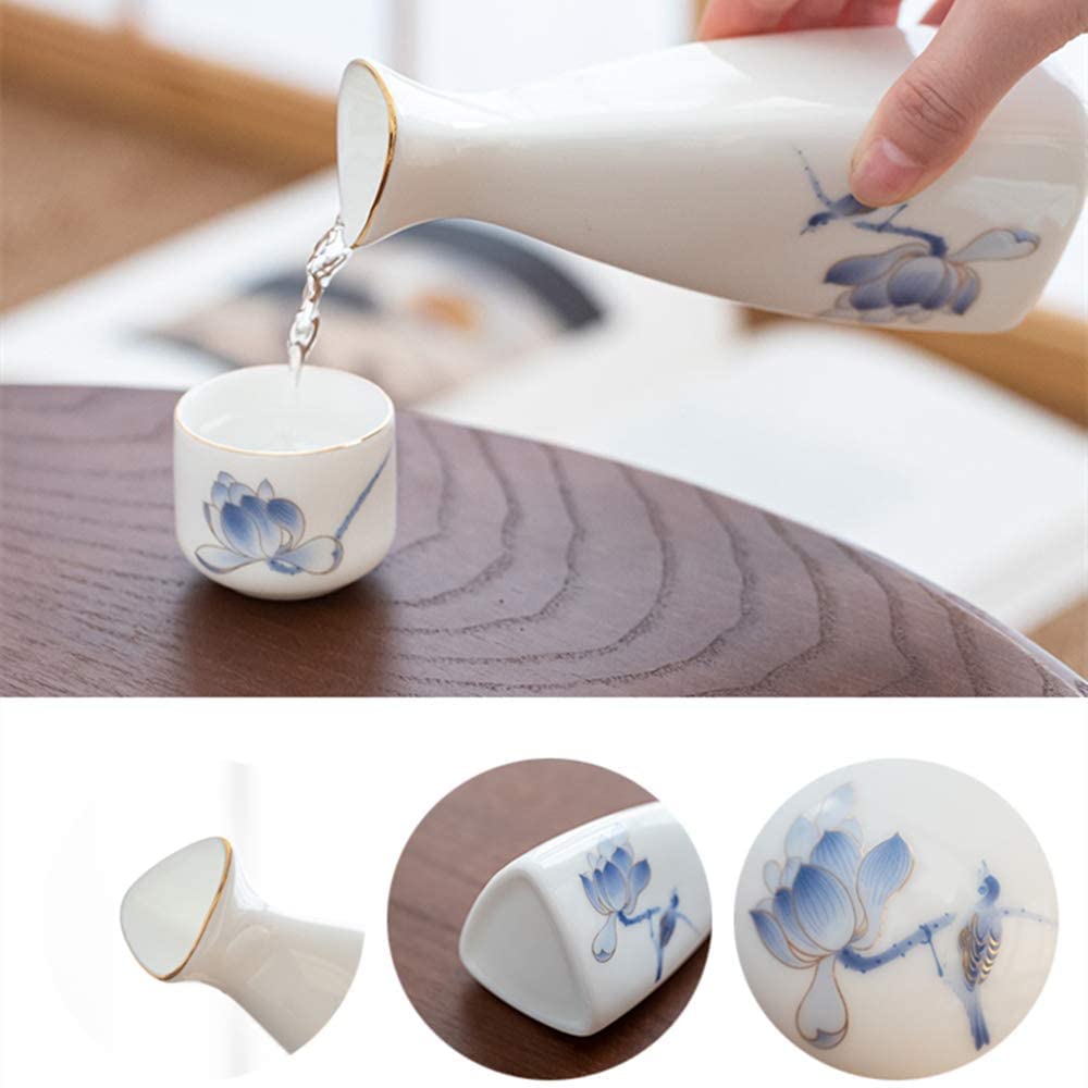 Tasse à saké Traditionnelle, Verres à vin en céramique, Service à saké Blanc Traditionnel en céramique, 7 pièces, Comprenant 1 Pot et 6 Petites Tasses à saké (Blanc Pur)