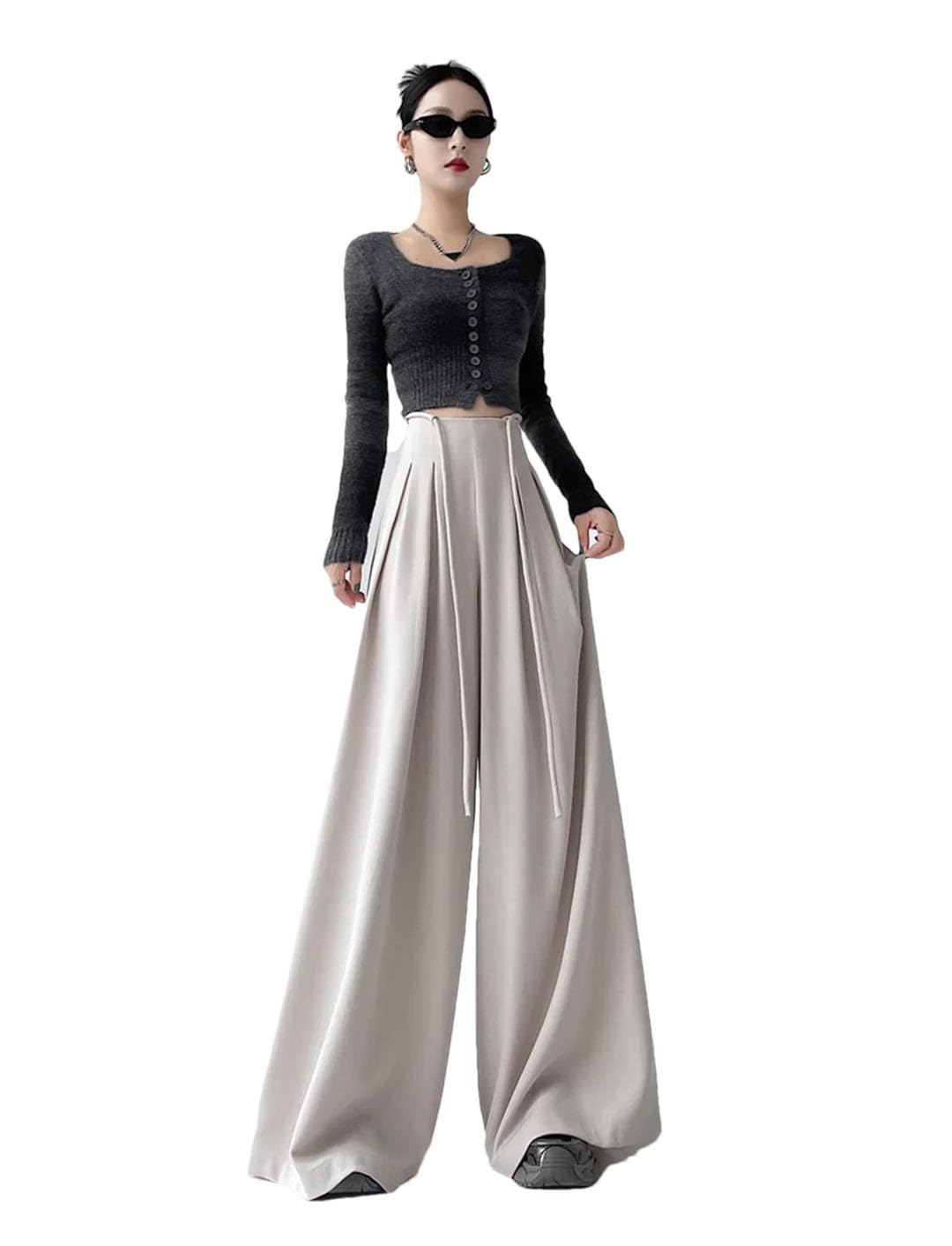 Woman Street Loose Pants Solid Color Slim Basic Black Apricot Wide Leg Pants