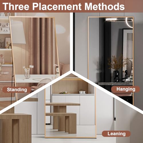 Full-Length Mirror, Super-Large Floor Mirror, with Bracket, Full-Length Mirror, Aluminum Alloy Whole-Body Mirrors, Tilt for The Living Room, Bedroom (Gold)