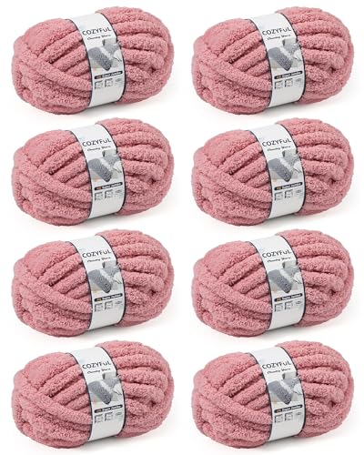 Cozyful Chunky Yarn for Hand Knitting #9 Thick Jumbo Big Chunky Yarn for Crocheting Super Chunky Knit Blanket Yarns Large Chunky Chenille Yarns 8 Pack (30 yds 8 oz Each Skein) Dusty Pink