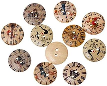 DNHCLL 50 PCS 20MM 2-Hole New Vintage Style Popular Mixed Craft Round Wooden Clock Buttons Sewing Accessories Decorative Buttons,Used for DIY Craft and Sewing Scrapbooking