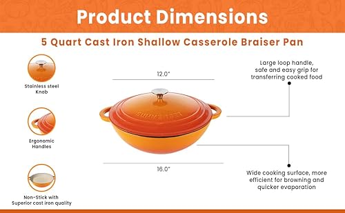 Enameled Cast Iron Casserole Braiser Pan With Lid, 5-Quart Spacious —Premium Enamel Cast Iron Pot Seafood Shallow Dutch Oven Cooking, New In Stock, Orange-Sunset Color #TOP6