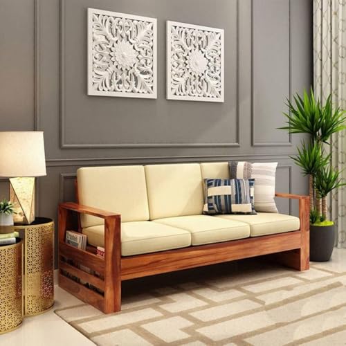 Image of Sheesham Wood 3-Person Sofa for Living Room Home || Solid Wood 3 Seater Sofas Without Small Cushion Furniture for Guest Room Office (Honey Finish)