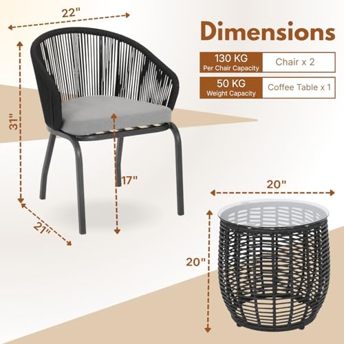 Image of DEVOKO 3 Piece Rope Patio Bistro Set with Cushions - Perfect for Balcony, Poolside, Lawn, Garden & Outdoor Meals with Friends and Family (Black and Gray)