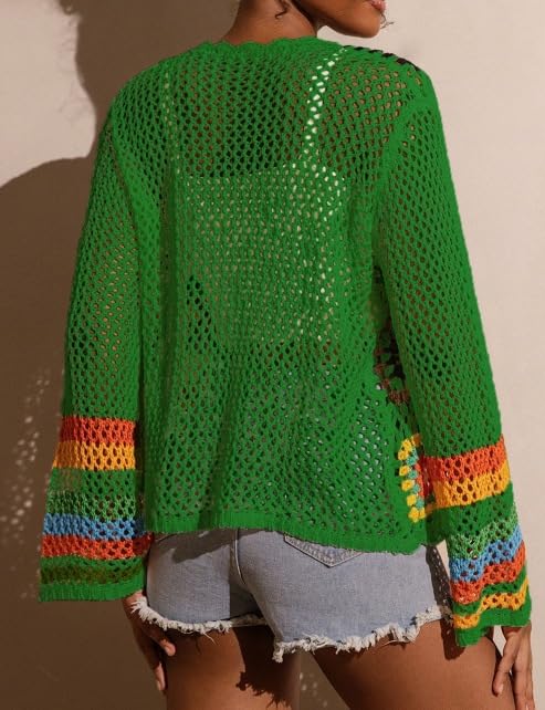Cardigan Élégant Femme Cardigan en Crochet Fleuri pour Femme Fait À La Main Tricoté Ajouré Style Bohème Motif Floral Carré Manteaux Légers Manches Évasées Hauts Cache-Épaules