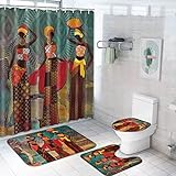 Ikfashoni 4 Pcs Black Girl Shower Curtain Set with Non-Slip Rugs, Toilet Lid Cover and Bath Mat, African Egyptian Women Shower Curtain with 12 Hooks, Fabric African Lady Shower Curtains for Bathroom
