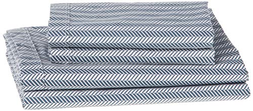 Image of Lacoste 100% Cotton Percale Sheet Set, Herringbone Print, Vintage Indigo, King