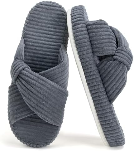 Women's House Slippers Corduroy Indoor Slippers Memory Foam Bedroom Open Toe Slippers Cross Band House Shoes