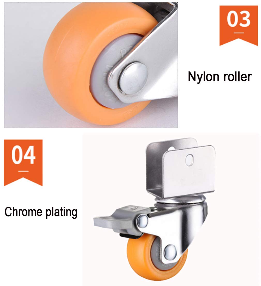 Zestaw 4 kółek skrętnych z uchwytem w kształcie litery U do mebli, łóżek dla dzieci i szafek. Nośność: 60 kg. System zamykania. Materiał: Nylon. Śruby w zestawie.
