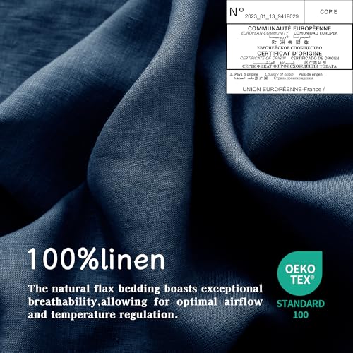 EVERLY Linen Sheets Set King Size,100% French Stonewash Pure Linen Bed Sheets,4Pieces (1Flat Sheet,1Fitted Sheet,2Pillowcase) Suitable for Hot Sleepers,Deep Pocket Natural Bedding Set-Navy Blue