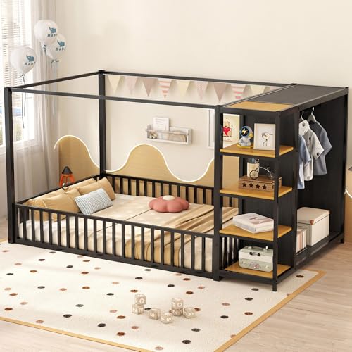 Image of HUMEHA Full Size Floor Bed with Wardrobe for Kids, Metal Montessori Floor Bed Frame with 4-Tier Storage Shelves for Boys Girls Teens, Full Floor Bed Frames with Safety Fence for Bedroom, Full-Black