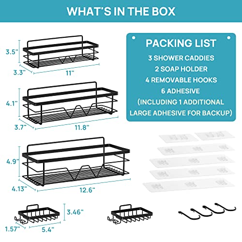 Vtopmart 5 Pack Shower Caddy Shelves Organizer with 4 Hooks, Self Adhesive Rack Storage Shelf for Inside Shower, Stainless Steel Bathroom Shower Wall Organization, Black - Image 3