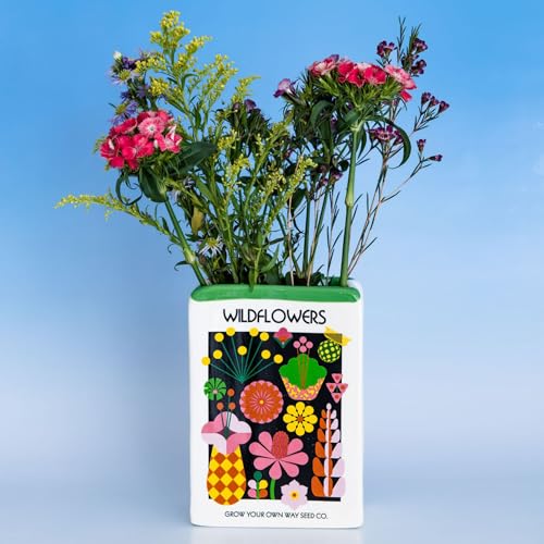 ban.do Unique Flower Vase, Decorative Vase Shaped Like Seed Packet, Colorful Ceramic Vase, Shelf Decor for Home or Office, Wildflower Seeds