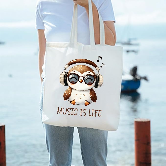 BAGVILLA Music is Life Canvas Tote Bag, White, 35 x 40 cm, Owl Print Design with Headphones, Reusable Shopping Bag. Women Tote, Printed Canvas Tote Bag, Stylish Bag 2