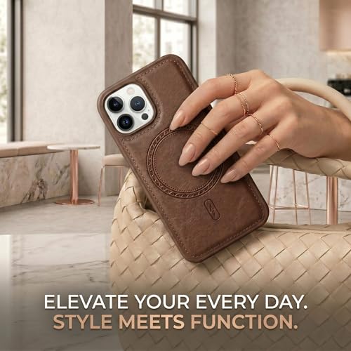 Image of amazon basics Premium PU Leather Case for iPhone 15 Pro Max, MagSafe Compatible Magnetic Ring, Sleek Protective Back Cover - [Brown]