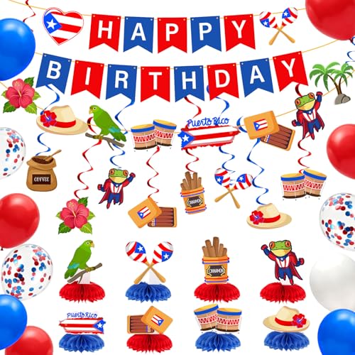 Epakh 43 Pcs Puerto Rico Birthday Party Decorations Set 3 Birthday Banner with Island Symbols 8 Hanging Swirls 8 Honeycomb Centerpieces 24 Red White Blue Balloons for Patriotic Party Decors