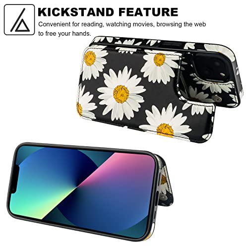 Image of HAOPINSH for iPhone 13 Case Wallet with Card Holder, Daisy Florals Pattern Back Flip Folio PU Leather Kickstand Card Slots Case for Women Girls, Double Magnetic Clasp Shockproof Cover 6.1 inch