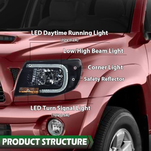 Image of GRAND ORANGE LED DRL Headlights Assembly Fit Toyota Tacoma 2005-2011 | Tube Halo Projector Headlamps,Smoke Lens Black Housing Clear Reflector,Driver & Passenger Side,Weather-Resistant