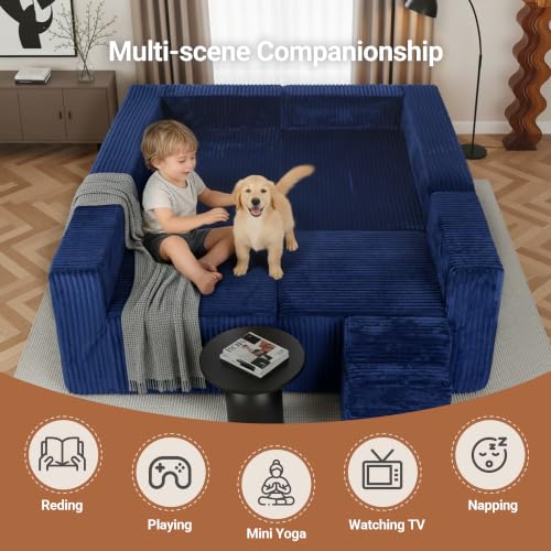 Image of Claiks 128 inch Modular U Shaped Couch, Sectional Deep Seat Sofa with Pet Stair, Blue