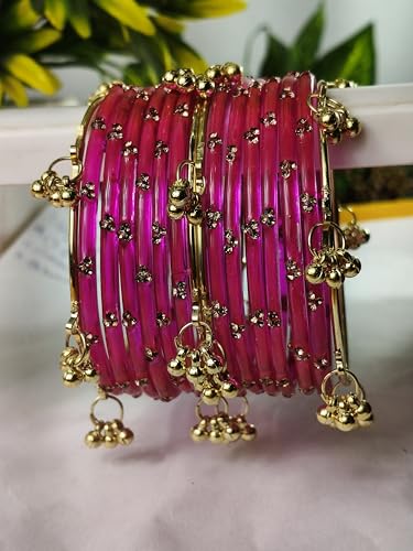 Image of NMII Viral Multi Colour Glass Bangles with Golden Ghungroo Charms & Stone Work For Women & Girls | Fancy Designer Glass Bangle | Traditional Chudi | Kanch Ki Churi | Stylish Ghungroo Bangle For Women