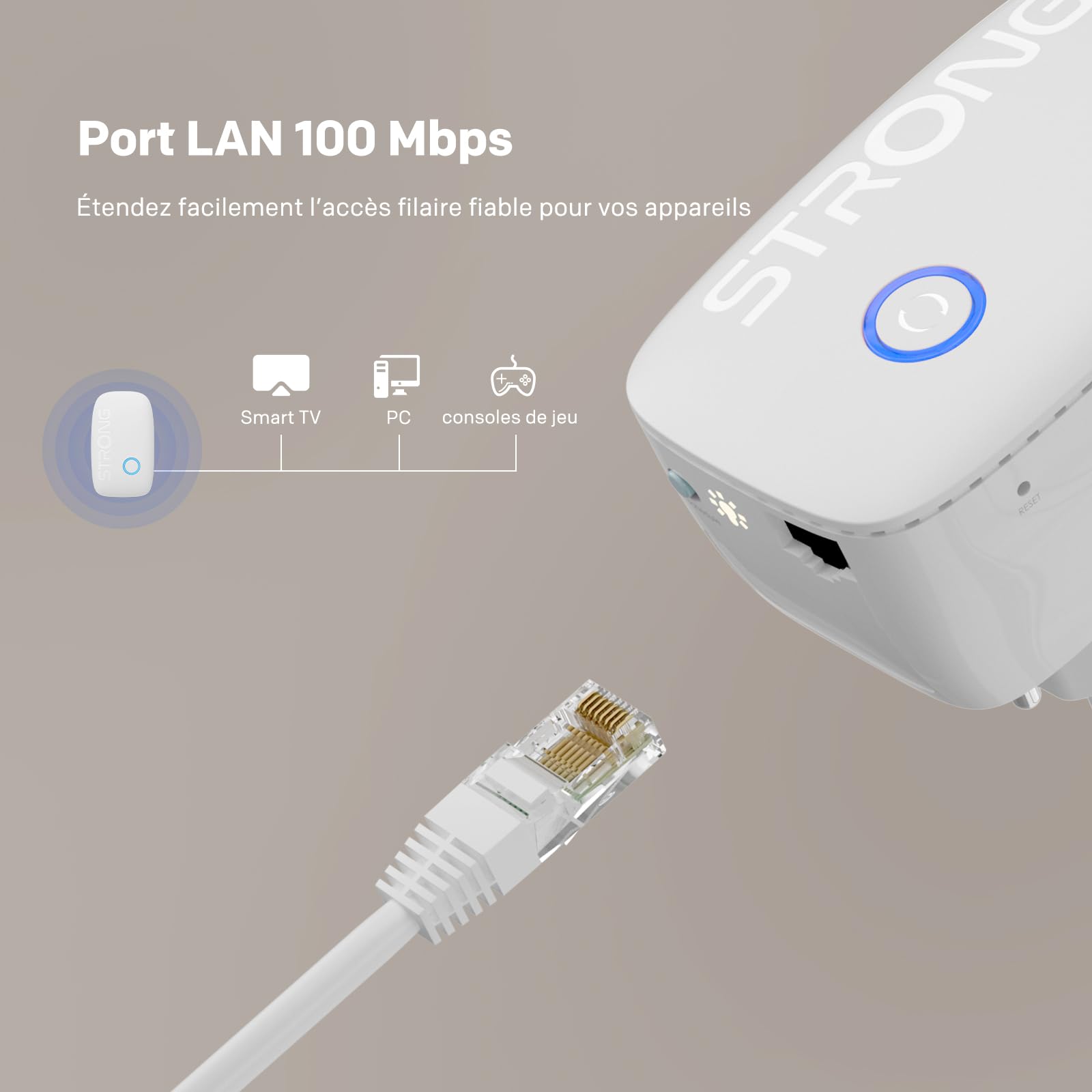 Strong Répéteur WiFi AC1200 pour Prise Murale – Amplificateur WiFi Puissant Dual Band, WiFi Repeater avec WPS, Port LAN, Mode Point d’accès, idéal pour Streaming et Plusieurs appareils