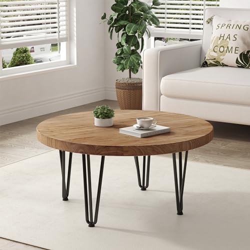 FLYJOE Rustic Wood Round Coffee Table with Metal Legs, Solid Elm ...