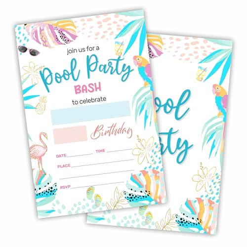 WeMaison Pool Party Birthday Invitations With Envelopes- Tropical Summer Theme, Pool Bash Invite- Double-Sided Fill In Style Invites For Girls Boys Kids Teens- Party Favor & Supplies (20 Sets)- C01